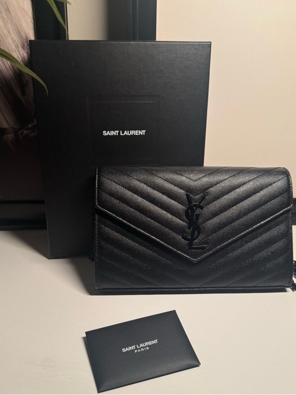 Saint Laurent Black Quilted Envelope Crossbody with Chain Strap